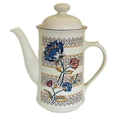 Vintage Boots Camargue Coffee Pot 1200ml Beige Blue Cross Hatch with Lid - Image 1 of 4