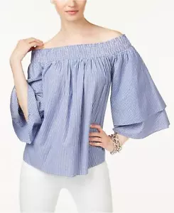 /LX030/ INC Cotton Off-The-Shoulder Striped Top Chambray Sz M $69.50 - Picture 1 of 2