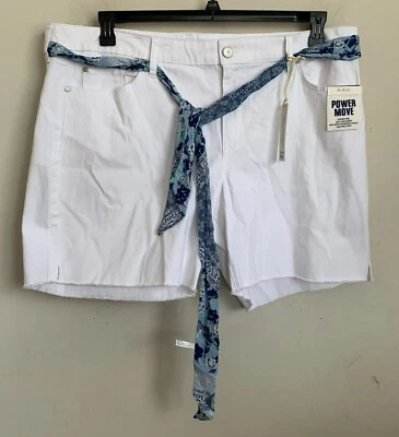 Code Bleu Shorts White Crop Flat Front Blue Multi Scarf Belt Stretch Sz 22W NEW - Image 1 of 4
