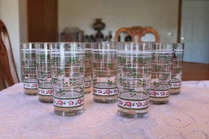Libbey Vintage Set Of 9 Tumblers Drinking Glasses Poinsetta & Holly Window - Picture 1 of 10
