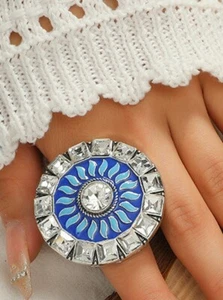 Oversized Big Clear Stone Blue Enamel Stunning Adjustable Finger Ring For Women - Picture 1 of 11