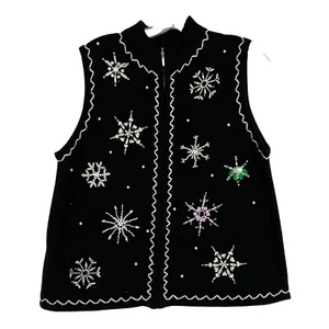 Mercer Street Studio L Black Sweater Vest Full Zip Snowflake Granny Grandmacore - Picture 1 of 9