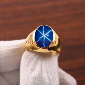 Lab Created Linde Star Gemstone Gold Plated 925 Sterling Silver Men's Ring #33