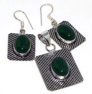 925 Silver Plated Green Onyx Pendant Earrings Set Jewelry Size 1.5|1.6" GW - Picture 1 of 3