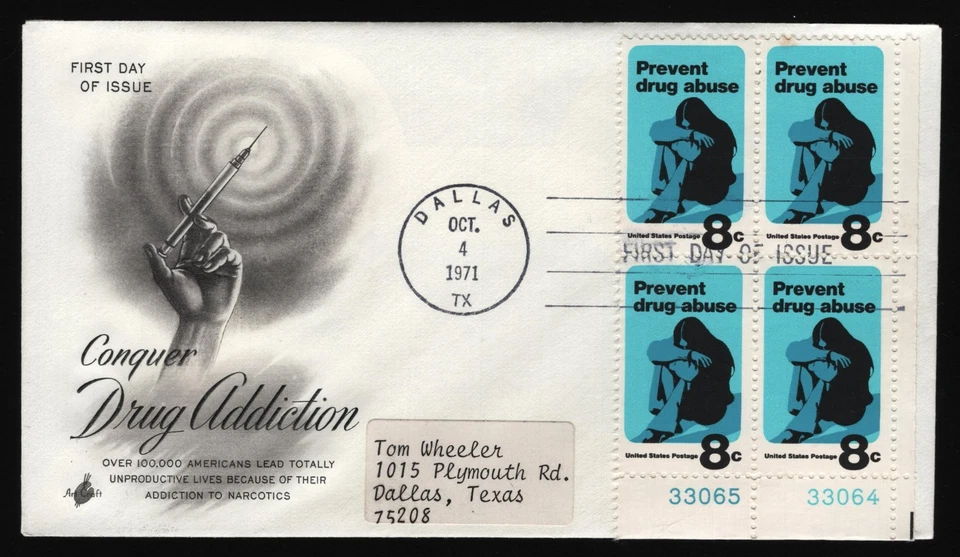 #1438 8c Drug Abuse-Corner Block of 4, Art Craft H/C FDC **ANY 5=FREE SHIPPING** - Image 1 of 1