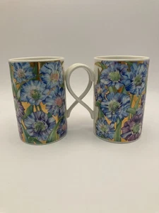 Dunoon Scotland Floral Keramik Kaffeebecher blau lila Blumen Goldakzent 2er Set - Bild 1 von 8
