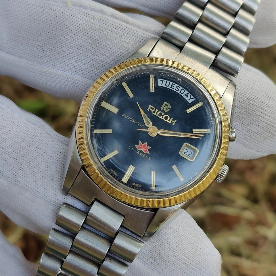 Винтажные мужские часы Ricoh Automatic President 061 121 черный циферблат японское производство N - Изображение 1 из 4