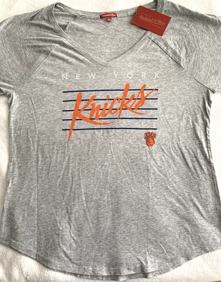 NY KNICKS SHIRT WOMENS XL V-NECK MITCHELL & NESS MSG NBA BASKETBALL GREY - Image 1 of 4