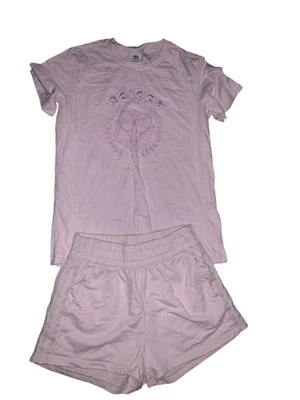 Adidas Womens Lavender Tshirt Top(Large) + Shorts (Med) Set Active Lounge Fit - Image 1 of 4