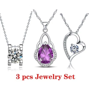 3 PCS Necklace Set 14k White Gold Plated 5A Cubic Zirconia Jewelry for Women - Picture 1 of 5