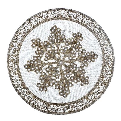 Mantel individual con cuentas dorado blanco copo de nieve centro de mesa vacaciones de Navidad invierno 15" Foto 1 de 4