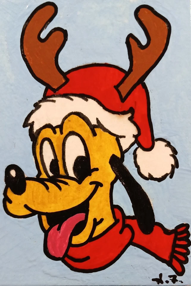 Cartão ATC de Natal Pluto ACEO ORIGINAL PINTADO À MÃO Assinado OOAK - Imagem 1 de 1