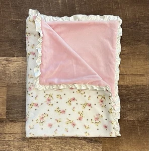 Little Me Satin Trim Floral Baby Blanket Flower Pink Reversible Lovey Ruffle - Picture 1 of 7