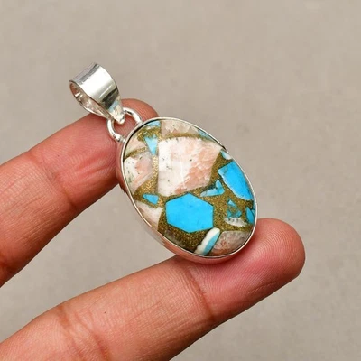 Ciondolo gioiello fatto a mano in argento sterling 925 con pietra turchese in... - Immagine 1 di 4