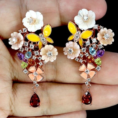 925 Sterling Silver Earrings Pear Mozambique Garnet 7x5mm Topaz Mop Gemstone - Image 1 of 4