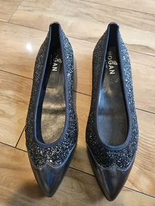 HOGAN black leather Glitter flats shoes sz 37, US 6.5 - Picture 1 of 8
