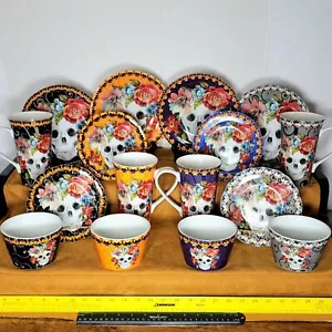 RARE 16 Pc. 222 Fifth "Marbella" Sugar Skulls Porcelain Dinner/Lunch Set New! - Picture 1 of 16
