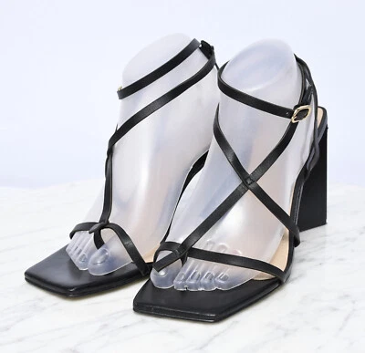 Sandalias de tacón ancho Sacks Fifth Avenue para mujer talla 9,5 cuero negro con tiras Foto 1 de 4