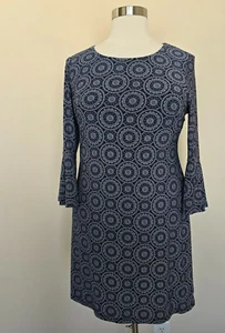 Tommy Hilfiger Size 16 Navy Blue White Circles Mandalas Bell Sleeve Dress - Picture 1 of 17