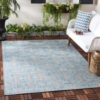 SAFAVIEH Outdoor CY8863-37121 Courtyard  Aqua / Grey Rug - Image 1 of 4