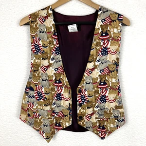 Vtg JLN Women's USA Teddy Bear Vest V-Neck Size M Cotton American Patriotic Fun - Picture 1 of 20