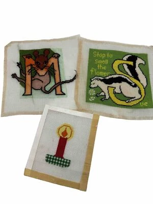 Vintage Wool Needlepoint Preworked Incomplete Lot of 3 Fun Projects Finish Me - Image 1 of 4