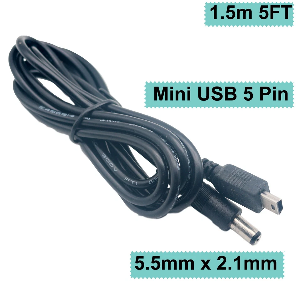 5FT DC Power Supply Adapter Charging Cable 5.5 x 2.1mm Male/ Mini USB 5 Pin Male - Image 1 of 1