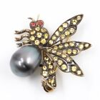 0.87Ct Pearl And Sapphire 925 Sterling Silver Gold Plated Handcrafted Bee Brooch