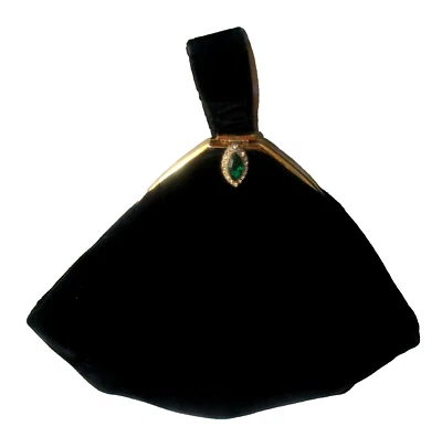 40s Black Velvet Evening Purse Green Stone Clasp Mirror Finger Loop Vintage Bag - Image 1 of 4