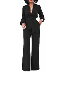 Elegante mono largo para mujer con botones lisos mangas largas bolsillos con cinturón negocios - Imagen 1 de 5
