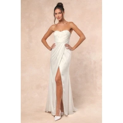 Lulus White Satin Beaded Bodice Strapless Maxi Dress Medium NWT - Image 1 of 4