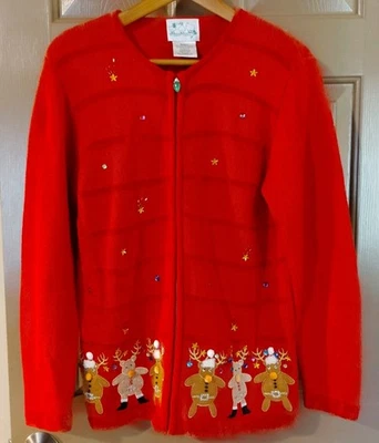 The Quacker Factory Christmas Reindeer Sweater Woman’s Sz S Red Full Zip - Image 1 of 4