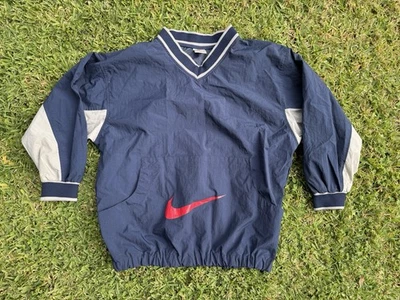Vintage 90’s Nike Windbreaker Pullover Jacket Blue & Gray w/Red Nike Swoosh L - Image 1 of 4