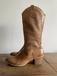 Italian handcrafted leather texan / cowboy / Western perforated boots cognac 37 - Picture 1 of 12