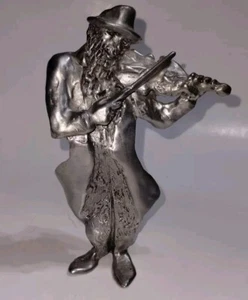 Vintage Pewter Jewish Fiddler Man Silver Tone Sculpture Signed Shahn - Picture 1 of 11