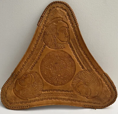 Leather Tripod Folding Saddle Seat Stool Chair Aztec Mayan Sundial - Image 1 of 4