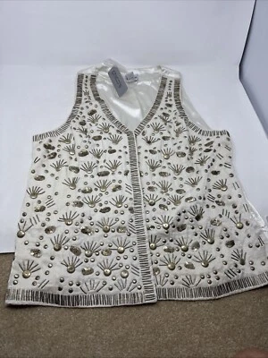 NWT Chico's Women's Size 2 White Ivory Gold Beaded Trinket Olivia Vest MSRP $114 - Image 1 of 4