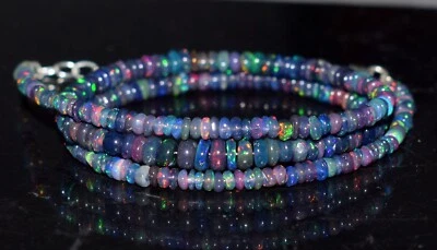 Nera Naturale Etiope Opale di Fuoco Tondo Perline 16'' Collana 925 Argento F3745 - Immagine 1 di 4