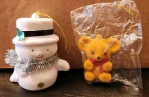 Vintage Flocked Ornament Christmas Koala Bear & Snowman - Picture 1 of 6