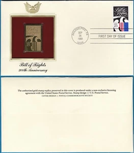 US 1989 FDC-2421 Gold Foil Philadelphia Bill of Rights Bicentennial comm. - Picture 1 of 1
