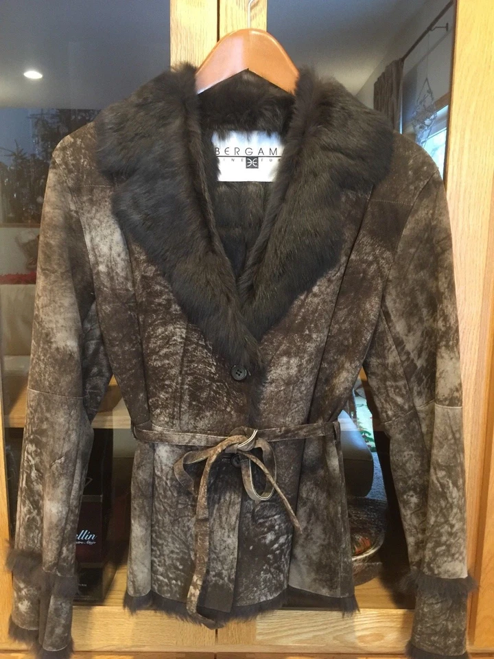BERGAMA FINE FURS-Fur Rabbit  Belted Coat Jacket Size Small - Image 1 of 4