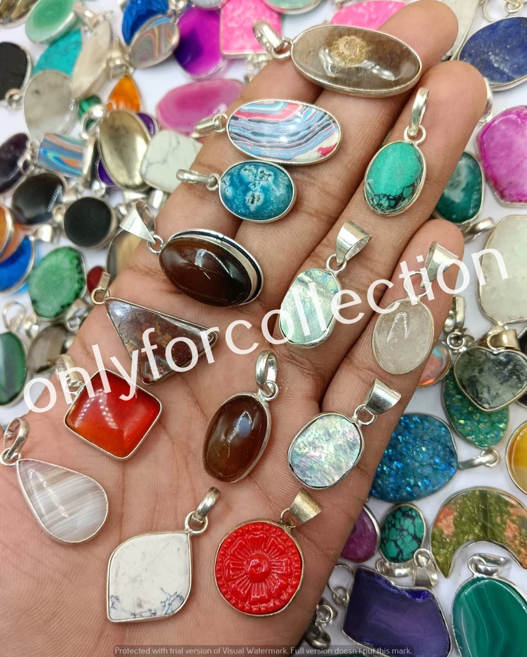 Lote de colgantes bisel hechos a mano enchapados en plata de ley 925 con piedras preciosas de calsílice y mezcla Foto 1 de 3