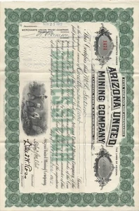 1912 certificado de acciones de Arizona United Mining Company con viñeta minera - Imagen 1 de 1