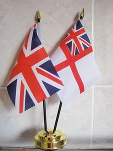 UNION JACK & WHITE ENSIGN TABLE FLAG SET 2 flags GOLDEN BASE ROYAL NAVY BRITISH - Picture 1 of 1