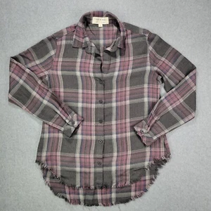 Cloth & Stone Gray Plaid Button Up Top Womens S Fray Hem Soft Rayon - Picture 1 of 10