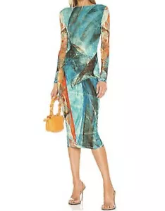 Farai London Dress Delilah Ocean Blue Print Midi Dress Mesh Stretch Size S - Picture 1 of 6