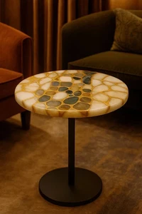 15" Round Quartz & Multicolor Agate Table – Stone Inlay Coffee Table –Luxe Decor - Picture 1 of 10