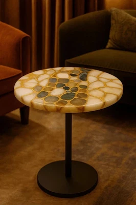 15" Round Quartz & Multicolor Agate Table – Stone Inlay Coffee Table –Luxe Decor - Image 1 of 4
