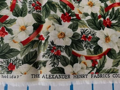 NUEVO: 1/2 yarda de 1997 Alexander Henry "Vacaciones" "PIBBONED WHITE POINTSETTIAS" Foto 1 de 2