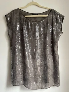 Eileen Fisher Bateau Neck Silk Top Clear Sequin Shimmer Blouse Gray Medium - Picture 1 of 7